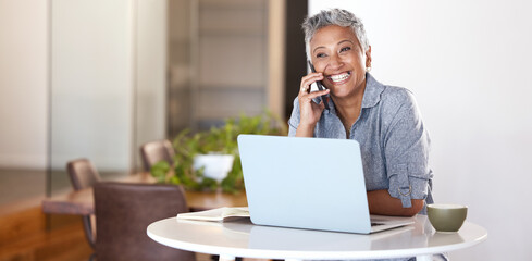 communication, phone call and coffee, mature woman with phone and laptop in cafe in india. success, 