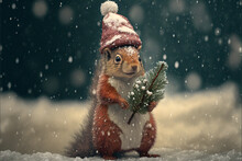 Little Tiny Squirrel Dressed Up As Santa Claus On Snowing