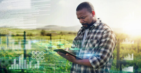 Digital, tablet and future with black man on farm for sustainability, agriculture and planning. Technology abstract, innovation and ui with farmer for growth, environment and internet networking