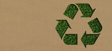 Grass, mockup and cardboard with recycle arrow for sustainability, environment and package pollution. Recycling, earth day and energy with eco friendly sign for reusable, clean energy and nature