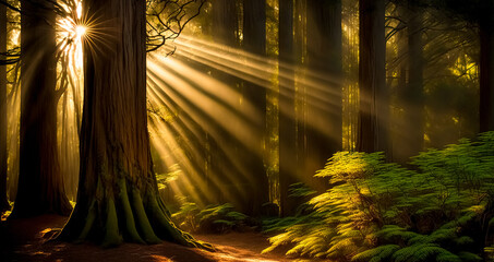 Poster - Beautiful rays of sunlight in a green forest. Fantasy mystical mossy forest with amazing plants. panoramic natural scenery for mysterious background
