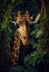 Photorealistic portrait of the giraffe hiding in the jungle foliage. Generative art