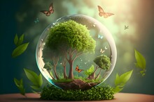 Earth Crystal Glass Globe Ball And Growing Trees, Flying Butterfly On Green Sunny Background. Saving Environment, Save Clean Planet, Ecology