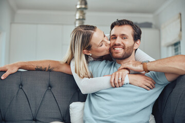 Sticker - Love, couple and sofa kiss portrait in home for care, gratitude and intimate moment in home. Happy people in marriage bonding together in living room with romantic embrace with hug and smile.