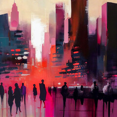 Wall Mural - view of the city with people, generative ai art illustration