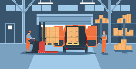 Wall Mural - Warehouse staff loading a cargo van using an electric forklift. Vector illustration.