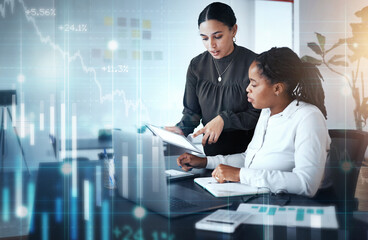 Fototapete - Teamwork, data and women in office with overlay for online financial growth report for business partnership. Support, trust and collaboration at digital marketing startup company with chart and graph