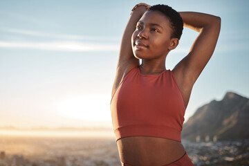 Wall Mural - Fitness, stretching and mockup with a sports black woman outdoor in nature at sunset for exercise. Workout, thinking and motivation with a female athlete doing her warm up with copy space