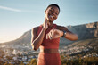 © C Malambo/peopleimages.com - Black woman, fitness or smart watch for pulse check in nature workout, training or sunset exercise for cardiovascular healthcare. Smile, happy or sports runner with heart rate clock for body wellness
