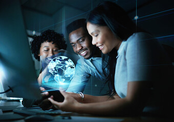 Fototapete - Teamwork, world hologram and business people with phone in night office working late on project deadline. Futuristic tech, global iot and group of happy men and women on smartphone in dark workplace.