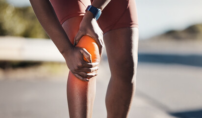 Poster - Knee injury, running pain and woman in street for fitness training, emergency and body accident in Germany. Anatomy, exercise and painful muscle of a runner, hurt leg and medical problem in the road