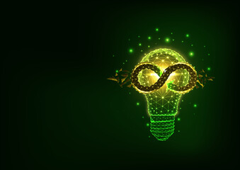 Concept of circular economy, sustainable energy with lightbulb and infinity symbol on dark green