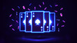 Blue shine neon casino playing cards with poker chips in dark empty scene. Spade Royal Flush