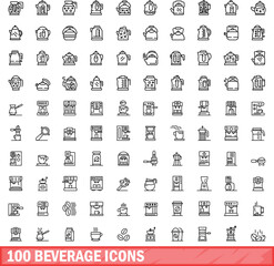 Wall Mural - 100 beverage icons set. Outline illustration of 100 beverage icons vector set isolated on white background