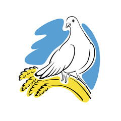 Dove is a symbol of peace in Ukraine, a sign of the end of the war. Blue and yellow state flag. Ears of yellow wheat and blue sky