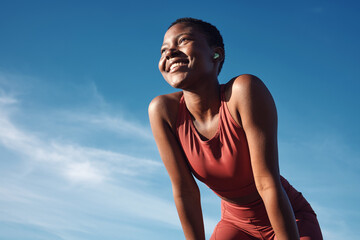 fitness, black woman and happy athlete smile after running, exercise and marathon training workout. 