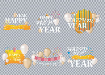 Wall Mural - vector set of happy new year with golden color and fireworks ornament, balloons and typography text to welcome new year