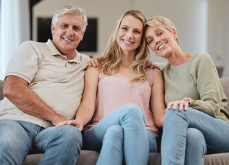 Poster - Support, relax and daughter with senior parents during a visit, family love and happy on the living room sofa. Smile, comfort and face portrait of a woman with elderly mother and father on the couch