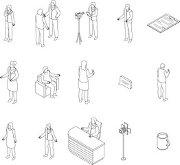 Poster - TV presenter icons set. Isometric set of TV presenter vector icons outline on white thin line collection