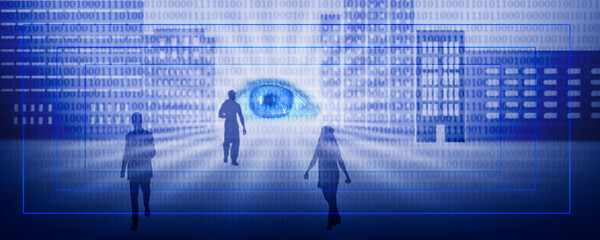 allseeing eye in an abstract blue city silhouette with a code matrix, big data monitoring in a smartcity concept illustration banner