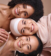© N F/peopleimages.com - Face portrait, beauty and diversity of women in studio on a brown background. Cosmetics, skincare makeup and group of different female models happy with facial treatment for wellness and healthy skin