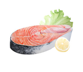 Wall Mural - Watercolor illustration of raw salmon steak with lemon and lettuce isolated on white background