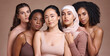 © N F/peopleimages.com - Portrait, beauty and diversity with a model woman group in studio on a brown background for inclusion. Face, natural and different with a female and friends posing to promote health or equality