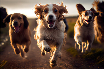 Poster - a group of happy dogs running towards the camera, their tongues hanging out, their fur very silky and cute, made with generative ai