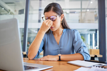 Poster - Stress headache, burnout and woman in office overwhelmed with workload at desk with laptop. Frustrated, overworked and tired woman with computer at startup, anxiety from deadline time pressure crisis