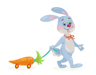 Sticker - Funny rabbit walks with a toy carrot. In cartoon style. Isolated on white background. Vector flat illustration.