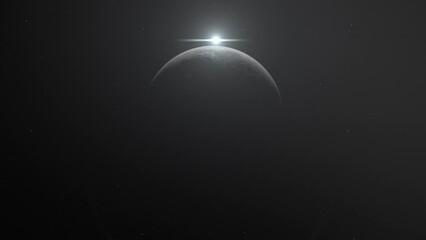 Wall Mural - Cinematic View Of Moon Rising And Shining Over Planet In The Outer Space.