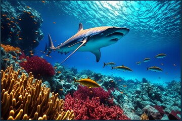 Beautiful tropical life in the coral reef, background shrak