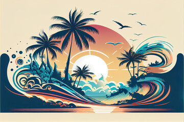 tropical island beach with palm trees and sunset, good reference for t-shirt design, made with generative ai