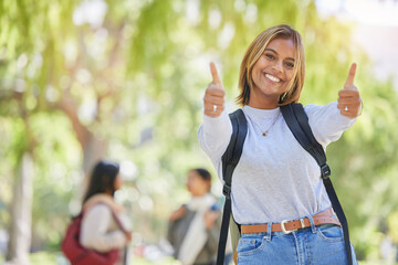 Young woman, thumbs up and university student, yes and success in education, academic study and to learn mockup. Agreement, smile and scholarship with degree, learning and portrait on New York campus