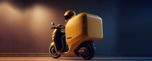 Delivery Motorbike Or Scooter Driver With Courier Box On Back, Wide Frame With Copyspace Area