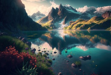 Wall Mural - Mirror surface lake reflect scenic of mountain peak in the morning light