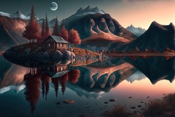 Wall Mural - beautiful landscape, hill,  forest and crystal surface lake