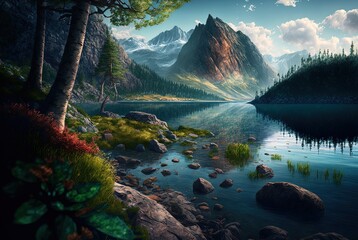 Wall Mural - beautiful landscape, hill,  forest and crystal surface lake