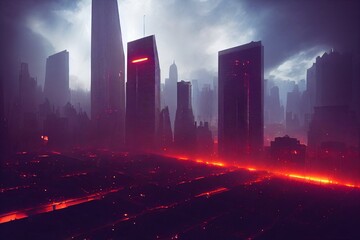 night skyline, futuristic city landscape, science fiction megacity, fictional architecture created with generative ai