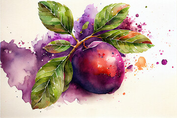 watercolor painting of delicious plum, made with generative ai