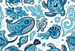 Hand drawn ocean life in blue colours seamless pattern