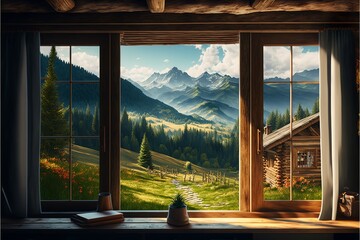 Wall Mural - Beautiful view of the mount from the house living room, background interior