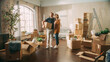 © Gorodenkoff - Family New Home Moving in: Happy and Excited Young Couple Enter Newly Purchased Apartment. Beautiful Family Happily Embracing, Imagining Future. Modern Home Ready for Decorations