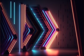 Wall Mural - Three dimensional abstract backdrop with a line of geometrically shaped neon lights. Generative AI