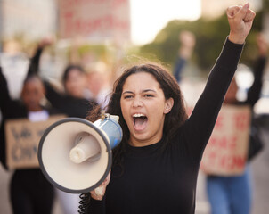 Wall Mural - Megaphone, woman and people for gender equality, human rights or justice with freedom of speech in city street. Vote, protest and Mexico girl in crowd with voice for politics, angry broadcast or news