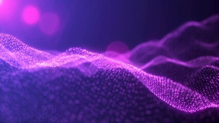 Abstract waves from particles and lines of purple futuristic beautiful flying glowing magical energy with sun rays and blur effect. Abstract background. Video in high quality 4k, motion design