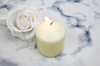 White candle white rose symbolic pure innocent peace, purity, comfort, relieve despair feeling, helps clean clarify emotions, thoughts, spirit, repel negative energies. Spells ritual, home decoration