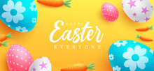 Happy Easter Eggs Vector Design. Easter Greeting Text With Pattern Egg Decoration Elements For Holiday Celebration Background. Vector Illustration.
