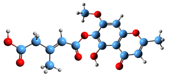 Poster -  3D image of Lepraric acid skeletal formula - molecular chemical structure of lichen phytochemical isolated on white background
