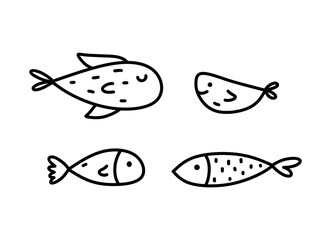 Wall Mural - Set of cute fish isolated on white background. Vector hand-drawn illustration in doodle style. Perfect for decorations, logo, various designs.